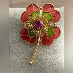 Colorful Enamel Flower Brooch w/ Pink Crystal Center – Gold Tone Statement Pin